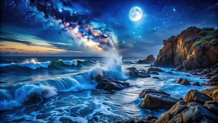 Naklejka premium Moonlit rocks meet restless waves in a nocturnal coastal scene, a gentle, crashing symphony.