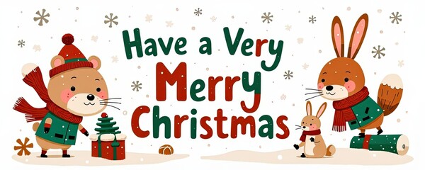 Fototapeta premium Playful Christmas Card with Cartoon Animals in Winter Coats and Snowy Setting