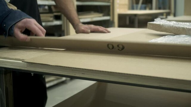 Close-up of furniture packers taking measurements for packing goods. Production and packaging concept.