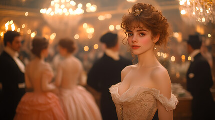 An Enigmatic Encounter: A Victorian Lady Navigates a Mysterious Grand Ballroom SoirÚe with Other Well-Dressed Guests
