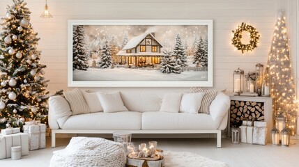Cozy living room features a white framed art print, decorated Christmas tree, and gifts around a warm fireplace against a dark wall