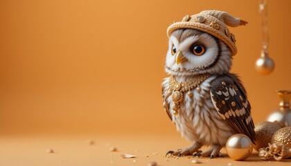 Obraz premium cute owl baby wearing hat posing inside photography studio, in photo with gradient orange background