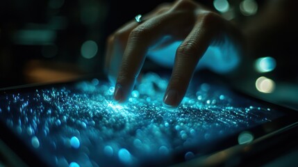 Finger touching glowing blue particles on tablet.
