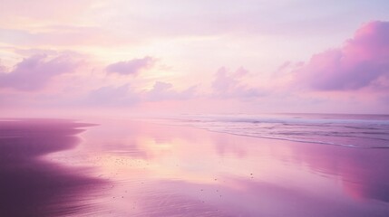 Surreal Beach with Pastel Sunrise and Misty Reflections