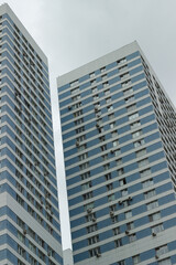Fototapeta premium Facades of blue residential buildings in the Severnoye Chertanovo district. Moscow, Russia.