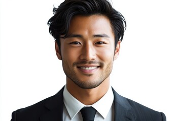 Confident Young Man in Business Attire Smiling Brightly Against a White Background, Exuding Professionalism and Charisma in a Corporate Setting