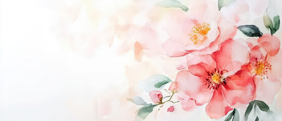 A watercolor painting of pink flowers with green leaves