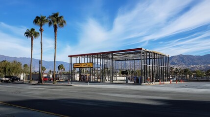 Desert Gas Station Under Construction Near Mountains
