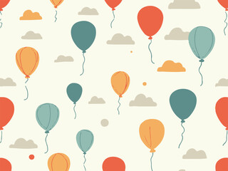  Seamless pattern with colorful outline balloons in the sky with clouds, naive and simple background, cute vector illustration for children