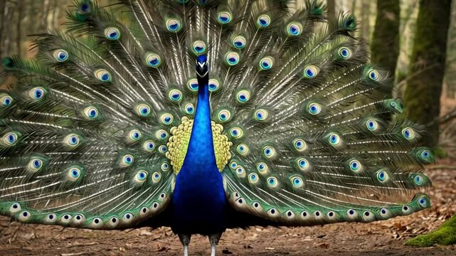 a peacock in the forest with a beautiful blooming tail