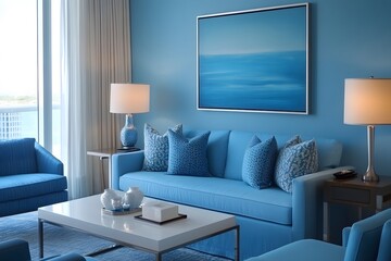 modern living room with blue decor, stylish interior, contemporary design, coastal theme, and elegant furniture featuring a blue sofa