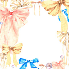 Square frame of bows in pink, yellow, beige and blue, with the addition of multi-colored round beads. Hand-painted with watercolors. White background. Bows in the corners of the picture. Clipart.