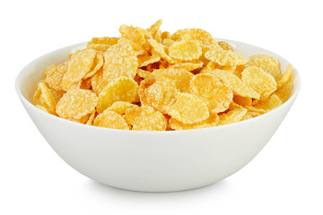 Cornflakes in ceramic bowl isolated on white background.