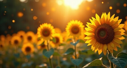Obraz premium Sunflower in full bloom with golden-yellow petals. A stunning scene with party lights, colorful backdrop, and a joyful summer vibe.