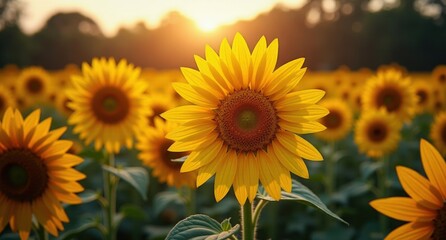 Obraz premium Sunflower in full bloom with golden-yellow petals. A stunning scene with party lights, colorful backdrop, and a joyful summer vibe.
