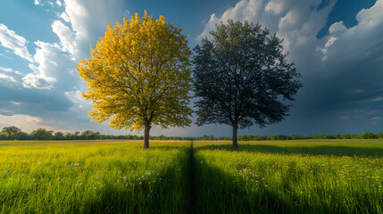 Obraz premium Contrasting Spring Landscapes: A Beautiful Blue Sky Scene vs. Dramatic Dark Rainy Clouds over Lush Green Meadows