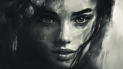 Monochrome portrait of a woman with intense eyes.