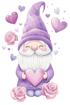  Acuarela de un gnomo sentado con gorro y traje morado sosteniendo entre las manos un coraz&oacute;n y rosas junto a sus pies, fondo blanco con corazones y flores. Concepto San Valentin

