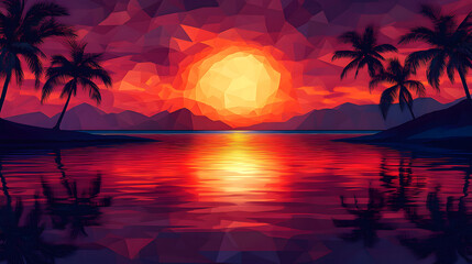 A Dreamy Sunset Beach Scene in Cubism Reflecting Tranquility through Vibrant Color Fragmentation and Abstract Imagery