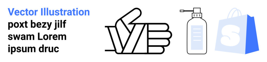 Hand gesture, hand sanitizer bottle, and shopping bag. Ideal for safety, e-commerce, hygiene, shopping, online store. Landing page