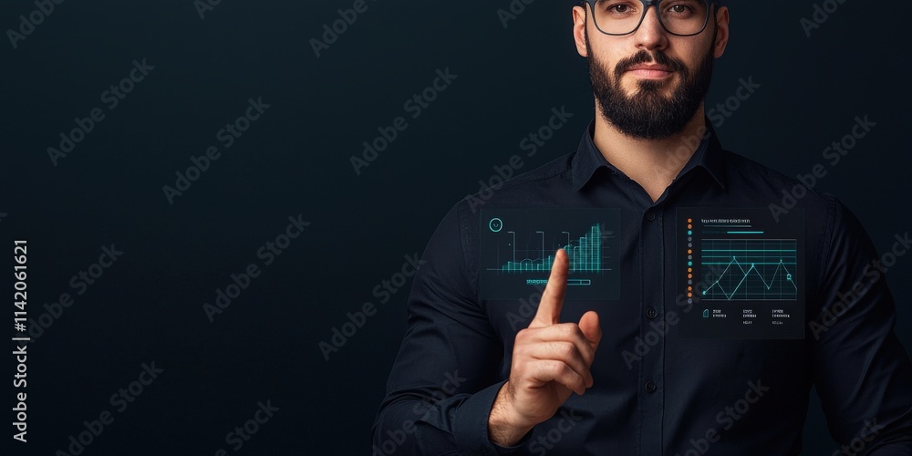 Poster efficiency increase workflow analysis concept. a man in a black shirt with digital graphs gestures c