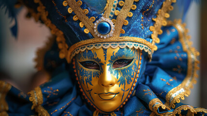 This masked performer in a stunning blue and gold costume captivates the festival crowd.