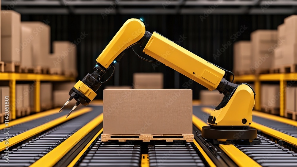 Poster efficiency increase workflow analysis concept. a robotic arm is placing a box on a pallet in a wareh