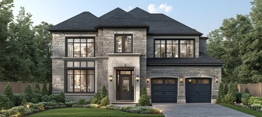 Fototapeta premium Modern Stone and Brick Suburban Home with Two-Car Garage and Large Windows on a Sunny Day