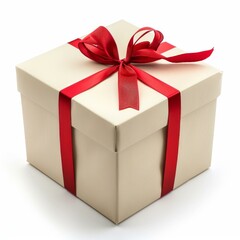 Obraz premium Square gift box wrapped with a red ribbon is waiting to be opened for a birthday or holiday