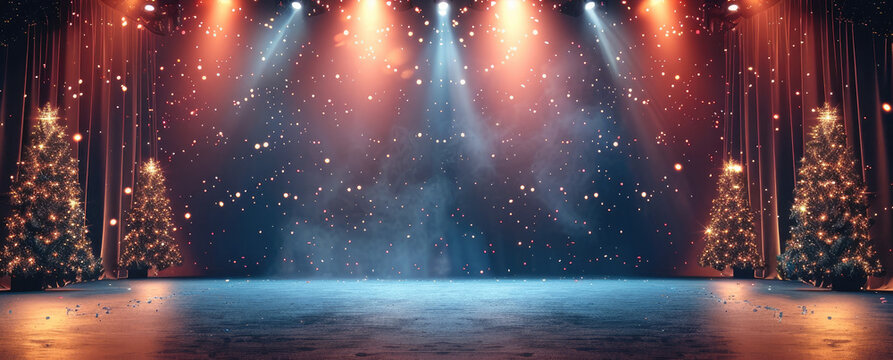 Gameshow studio background, Christmas theme, modern, spotlights.