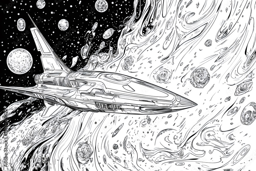 Poster black and white coloring page of a spaceship navigating a spacetime tunnel, surrounded by planets an