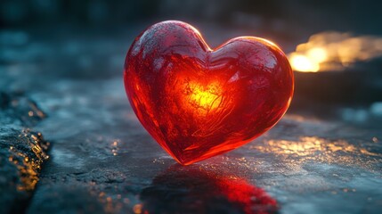 Glowing red glass heart on dark surface.