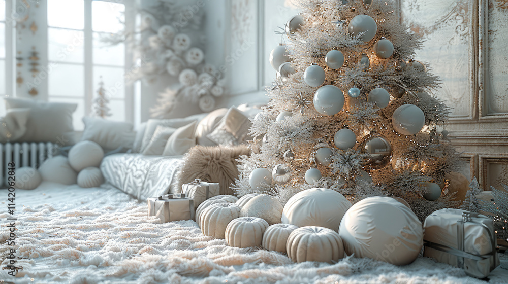 Poster new year's greetings 2025, a snowy apartment with a green tree that has large silver balls. the tree