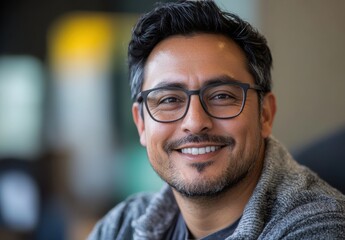 Friendly Middle-Aged Man with Glasses Smiling Cheerfully in a Modern Indoor Workspace with Natural Light