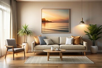 Neutral minimalist room showcases stunning long-exposure photography wall art.  Home decor inspiration.