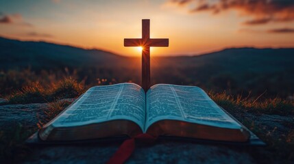 Wooden cross and open Bible on seashore at sunset, spiritual reflection, faith and prayer, peaceful ocean horizon, symbolic religious imagery, glowing sky.