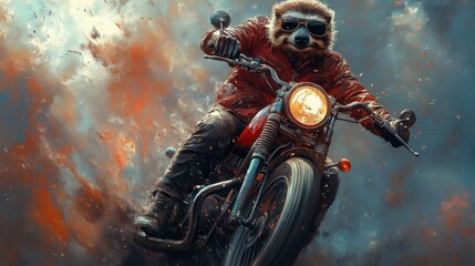 Stylized sloth riding vintage motorcycle in dynamic action scene, orange tones, unique artistic character, adventure vibe, leather jacket, fun illustration, creative fantasy art.