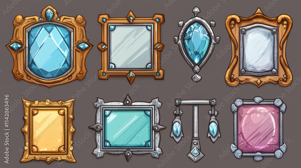Poster empty circle silver and gold frames in medieval style for game ui design. vector cartoon set of user
