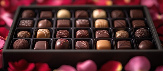 Assorted chocolates in a box on rose petals.
