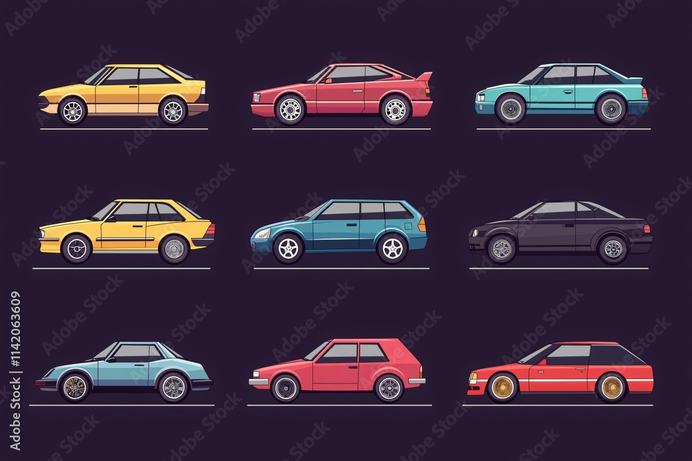 Poster set of nine different car models with colorful bodywork parking side view on dark background