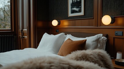 This Victorian bedroom features dark wood paneling, antique furniture, and a serene vibe with warm sconces and decor