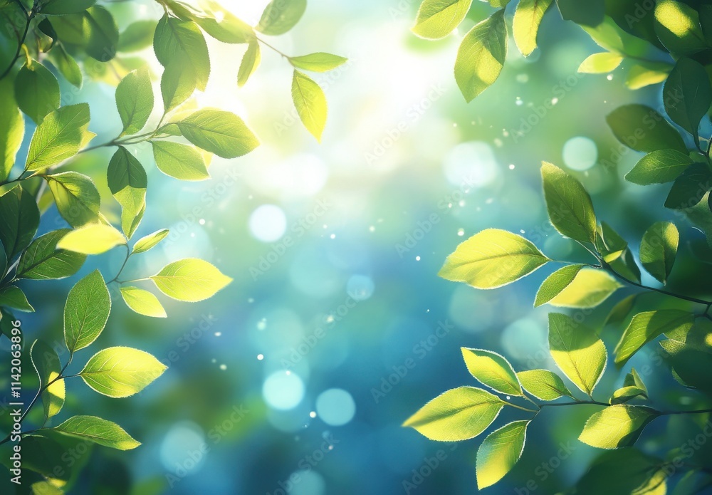 Poster lush green leaves framing a soft blur background of sunlight and bokeh effects to create a tranquil 
