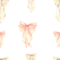 Pattern of bows of different sizes painted with watercolors. Beige and pink bows with design. Watercolor bows made of ribbons. White background. Suitable for printing on wrapping paper, cards
