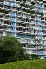Facades of blue residential buildings in the Severnoye Chertanovo district. Moscow, Russia.