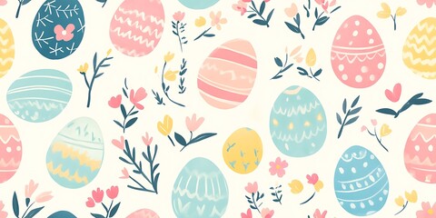 Easter seamless pattern with floral vibes, pastel colors, and Easter eggs