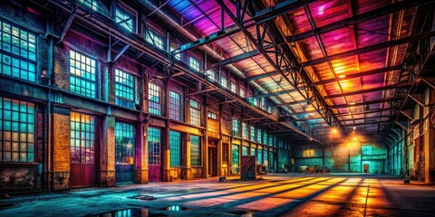 Fototapeta premium Night falls on a forgotten warehouse; grunge textures and retro industrial details in stark contrast.