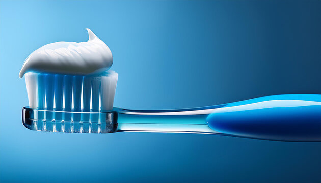 Close-up de un cepillo de dientes de color azul con pasta dental sobre fondo azul