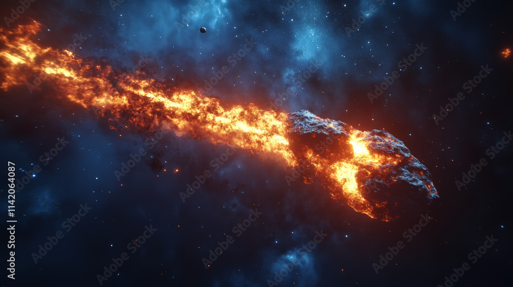 Poster sprite set of asteroid falling with fire trail isolated on dark background. cartoon vector illustrat