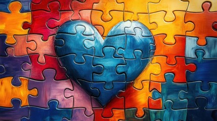 a heart made of puzzle pieces on a colorful background