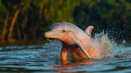 Fototapeta premium Pink River Dolphin Emerging From Water At Sunset